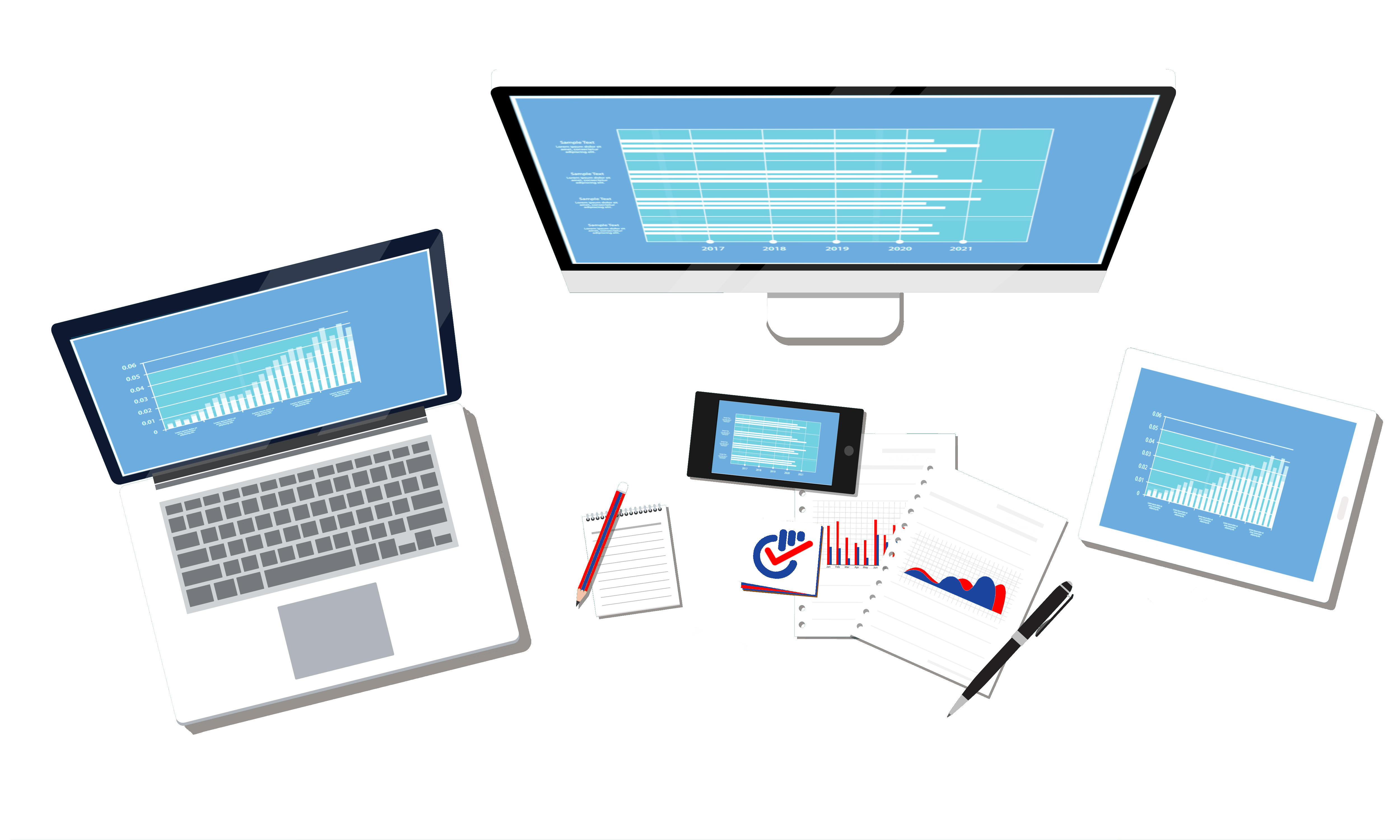 un pc portatile uno schermo desktop un tablet uno smartphone tutti raffiguranti diagrammi e grafici. alcuni fogli sparsi al centro